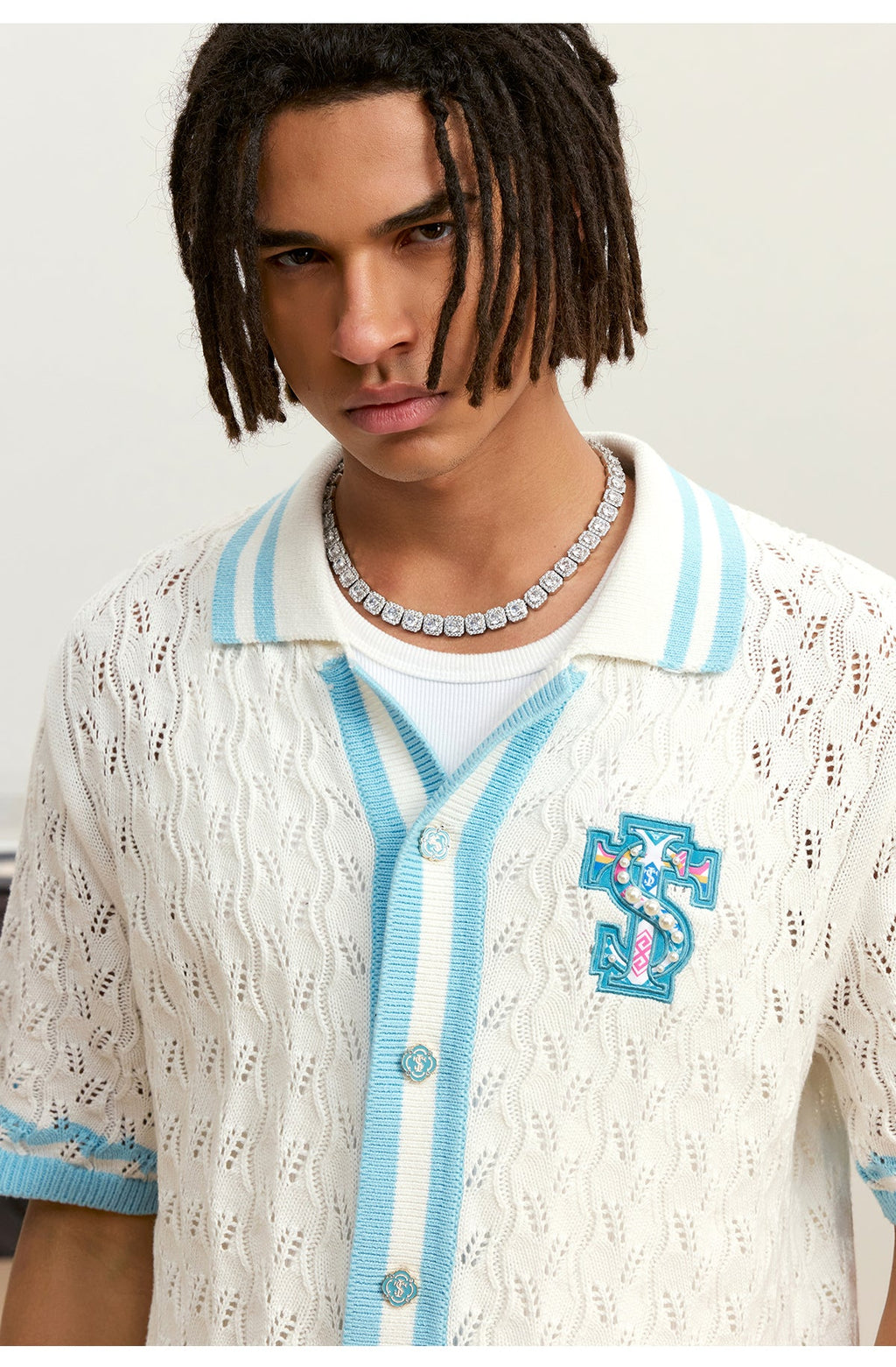 Small Town Kid Ethnic Logo Patch Crochet Knit Hawaiian Shirt