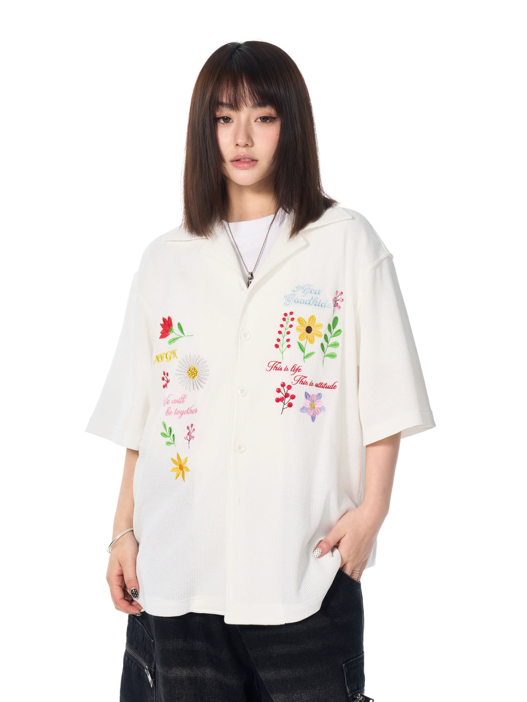 AFGK Floral Embroidered Waffle Short Sleeve Shirt