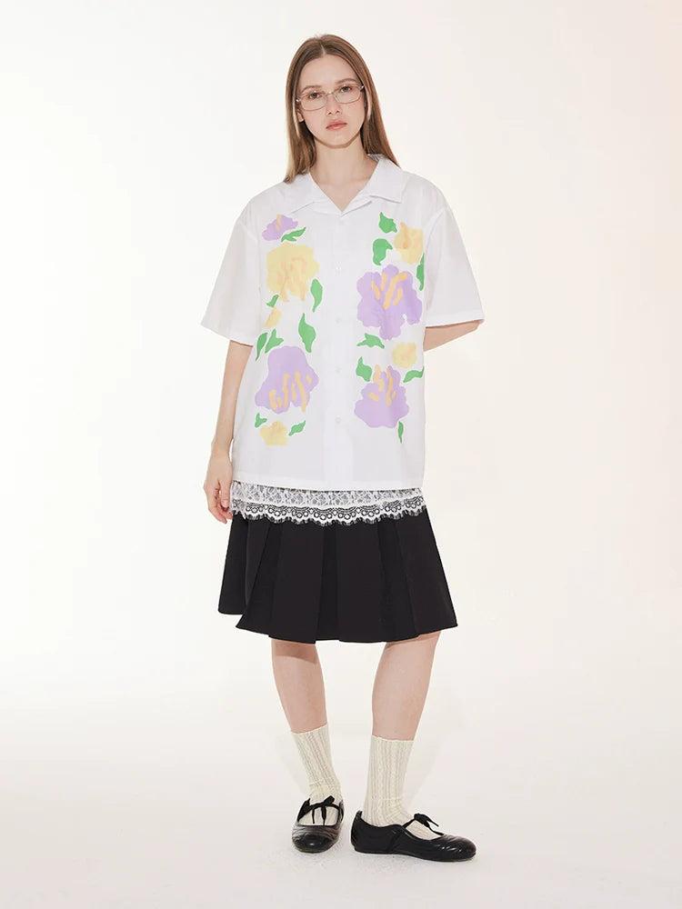 EMPTY REFERENCE Hand Painted Floral Print Short Sleeve Shirt