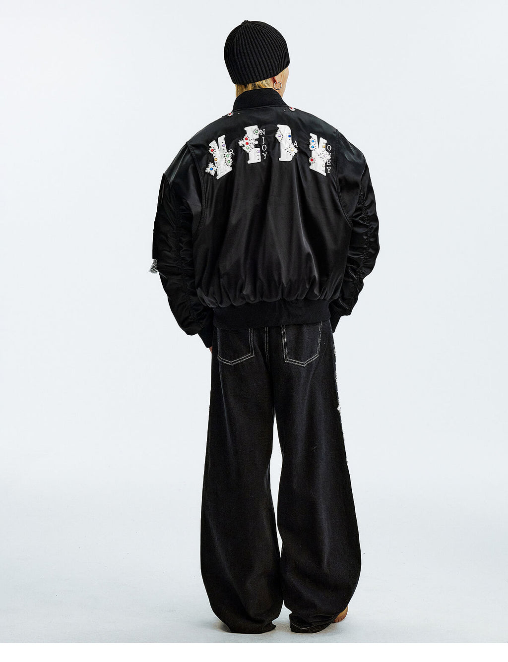 MEDM Gemstone Studded Leather Patch MA-1 Bomber Jacket