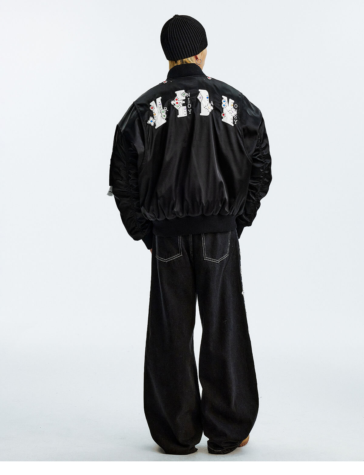 MEDM Gemstone Studded Leather Patch MA-1 Bomber Jacket