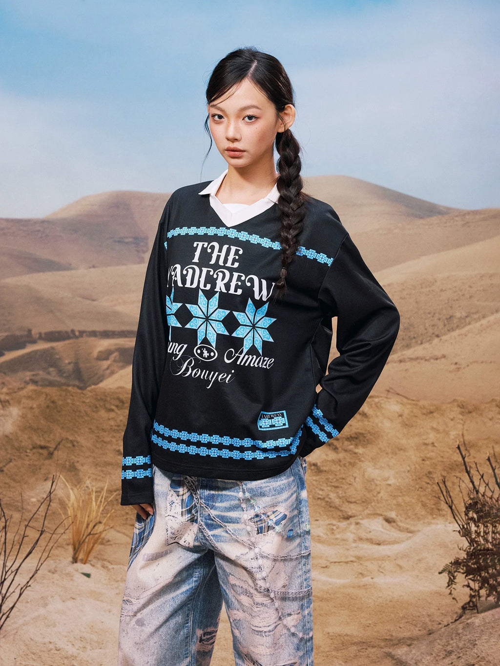 YADcrew Ethnic Pattern Long Sleeve Polo Jersey