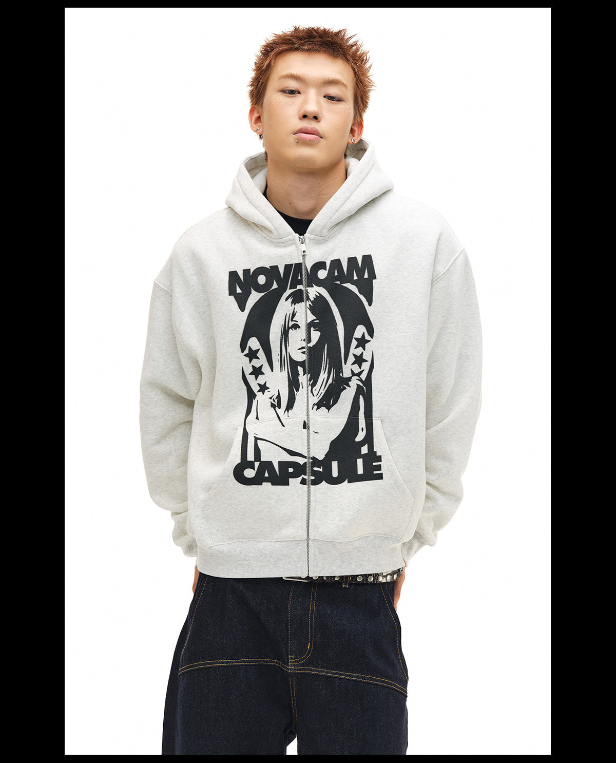 NOVACAM Vintage Print Zip Up Hoodie