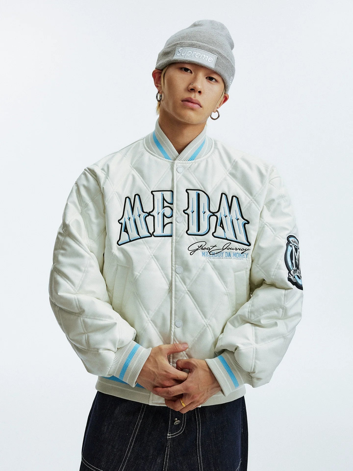 MEDM Diamond Quilted PU Leather Varsity Jacket