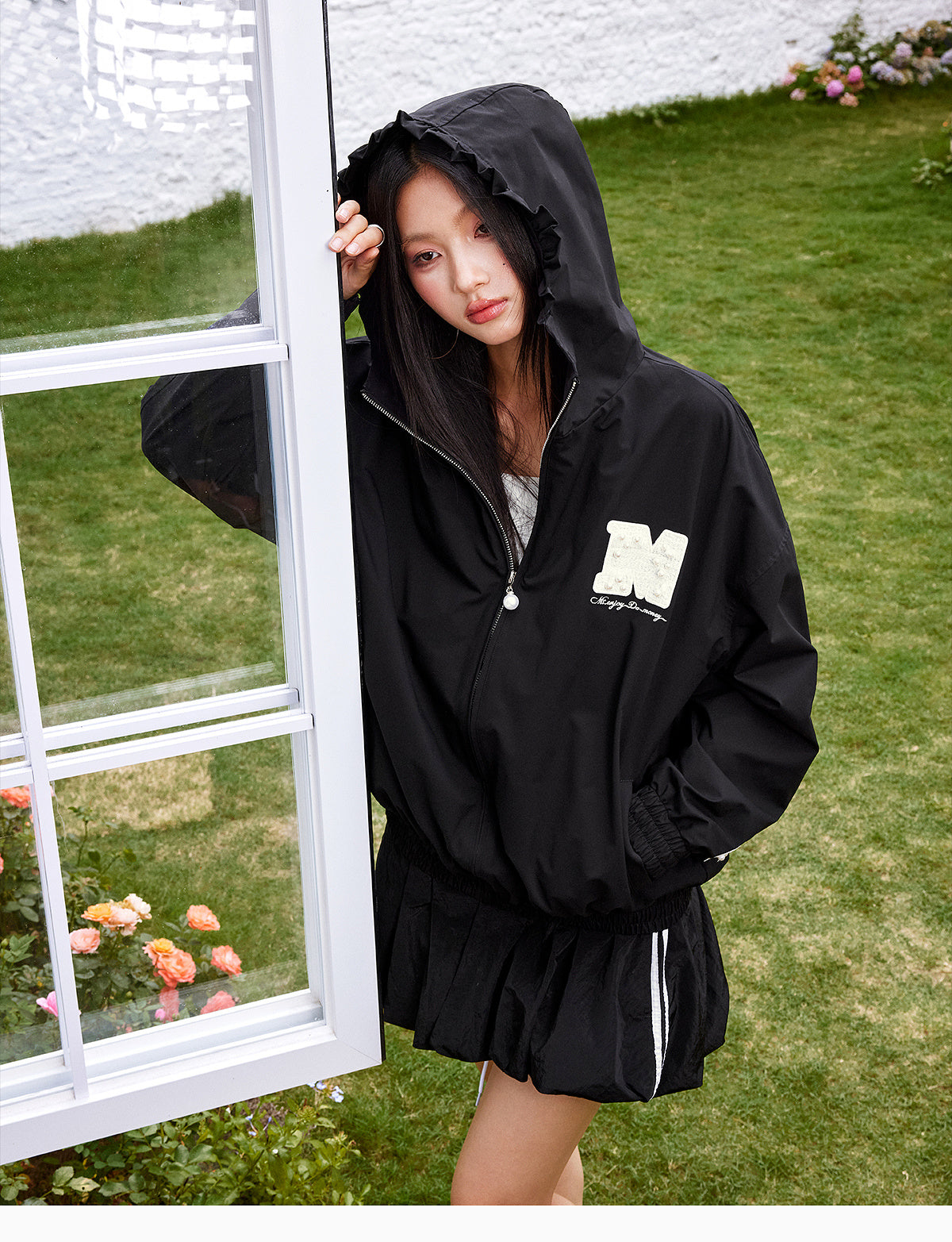MEDM Pearl Logo Lace Hooded Zip Jacket