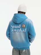 Small Town Kid Washed Badge Letter Printed Zip-Up Hoodie