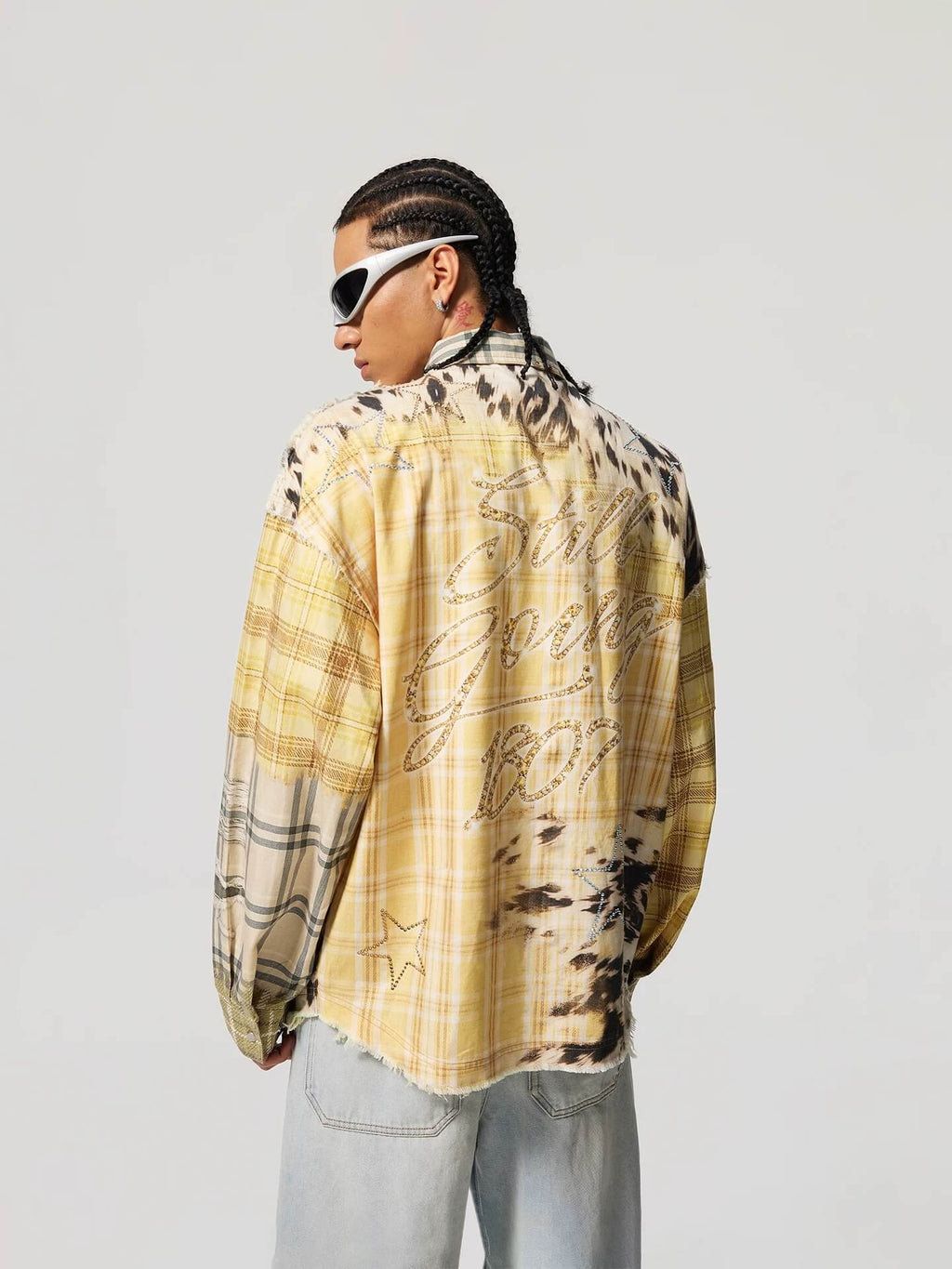 1807 Patchwork Print Plaid Rhinestone Long Sleeve Shirt