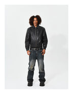 KARMANISTIC Graphic Embroidered Leather Short Bomber Jacket