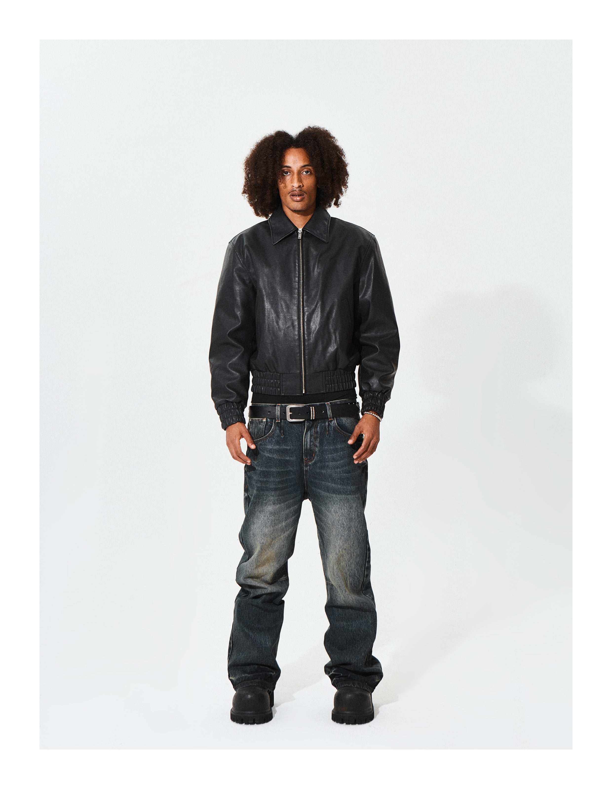 KARMANISTIC Graphic Embroidered Leather Short Bomber Jacket