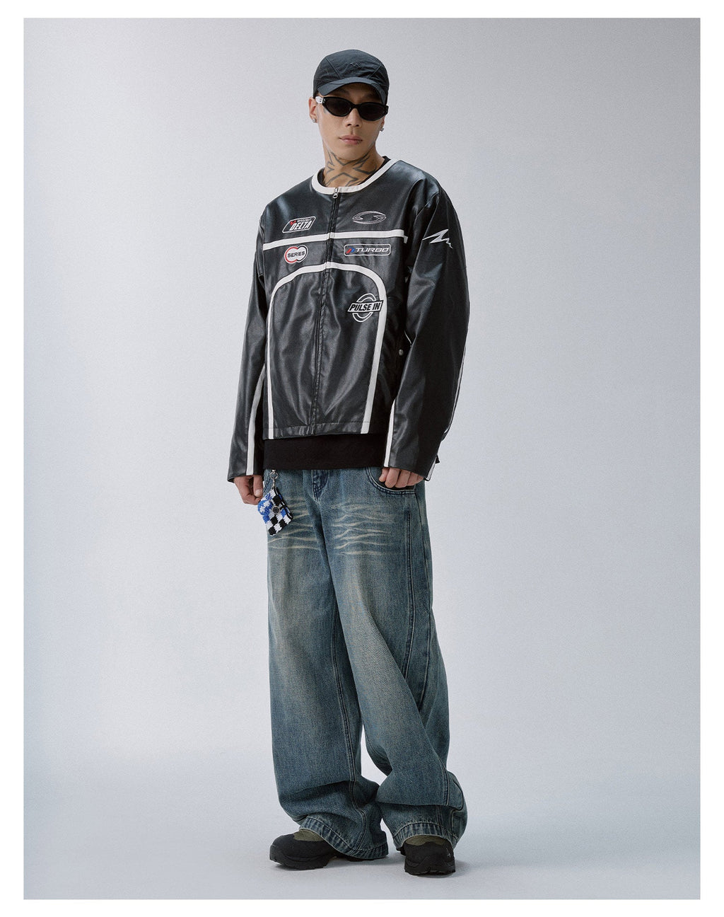 F2CE Striped Panel PU Leather Racing Jacket