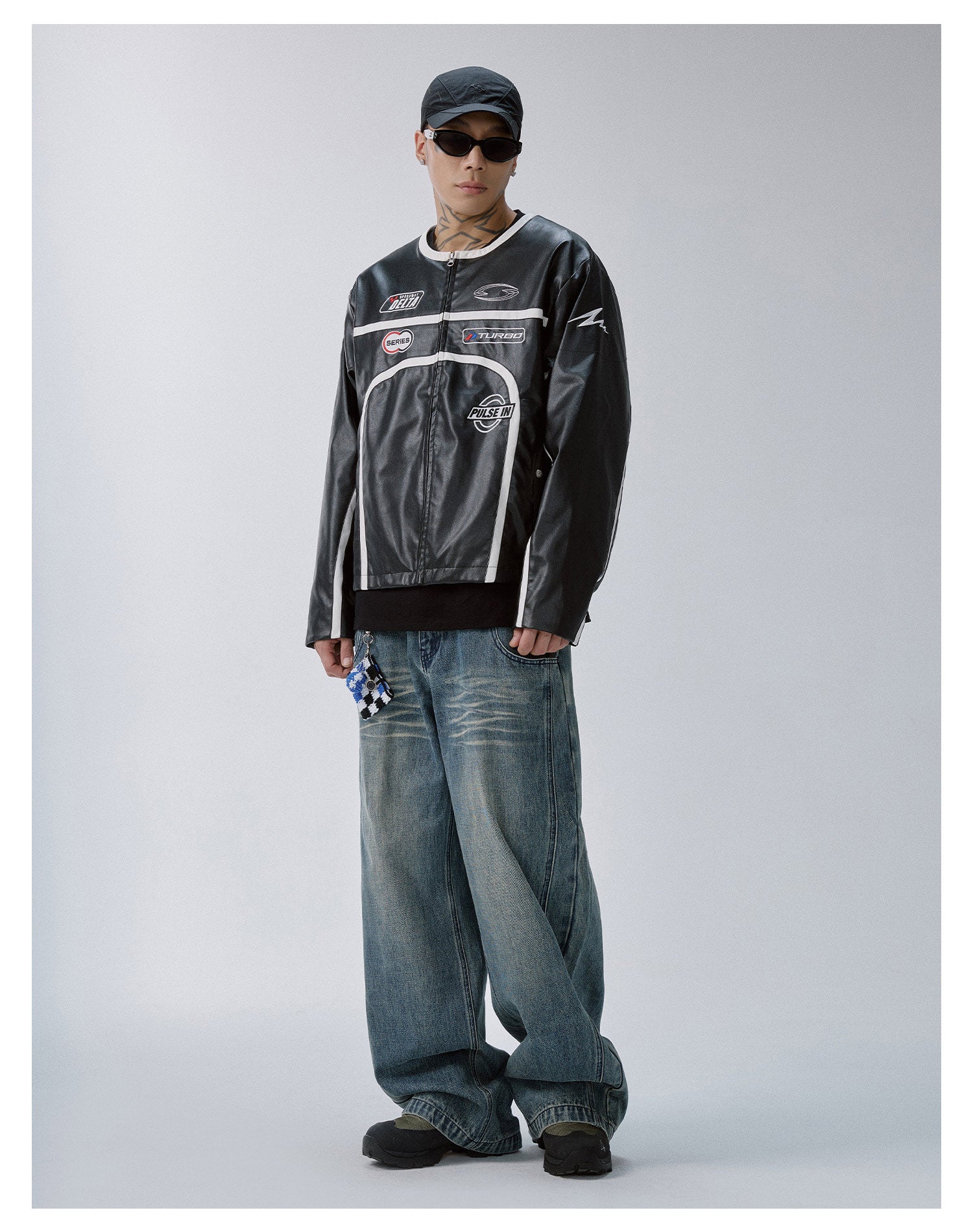 F2CE Striped Panel PU Leather Racing Jacket