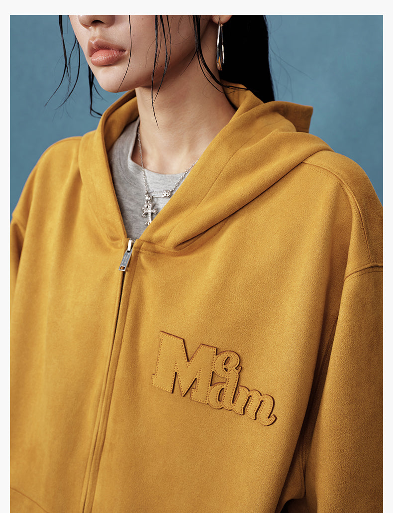 MEDM Suede Logo Patch Zip-Up Hoodie