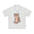 EMPTY REFERENCE Hand Painted Bear Print Plaid Short Sleeve Shirt