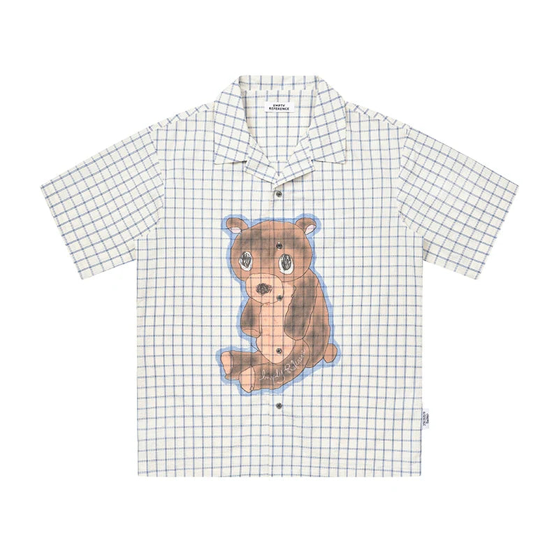 EMPTY REFERENCE Hand Painted Bear Print Plaid Short Sleeve Shirt