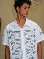 YADcrew Braid Embroidered Striped Seersucker Short Sleeve Shirt