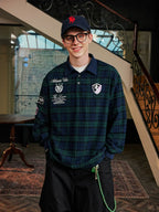 Harsh and Cruel Brushed Tartan Badge Embroidered Long Sleeve Polo