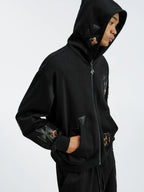 MEDM Cross Star Leather Patchwork Zip Up Hoodie