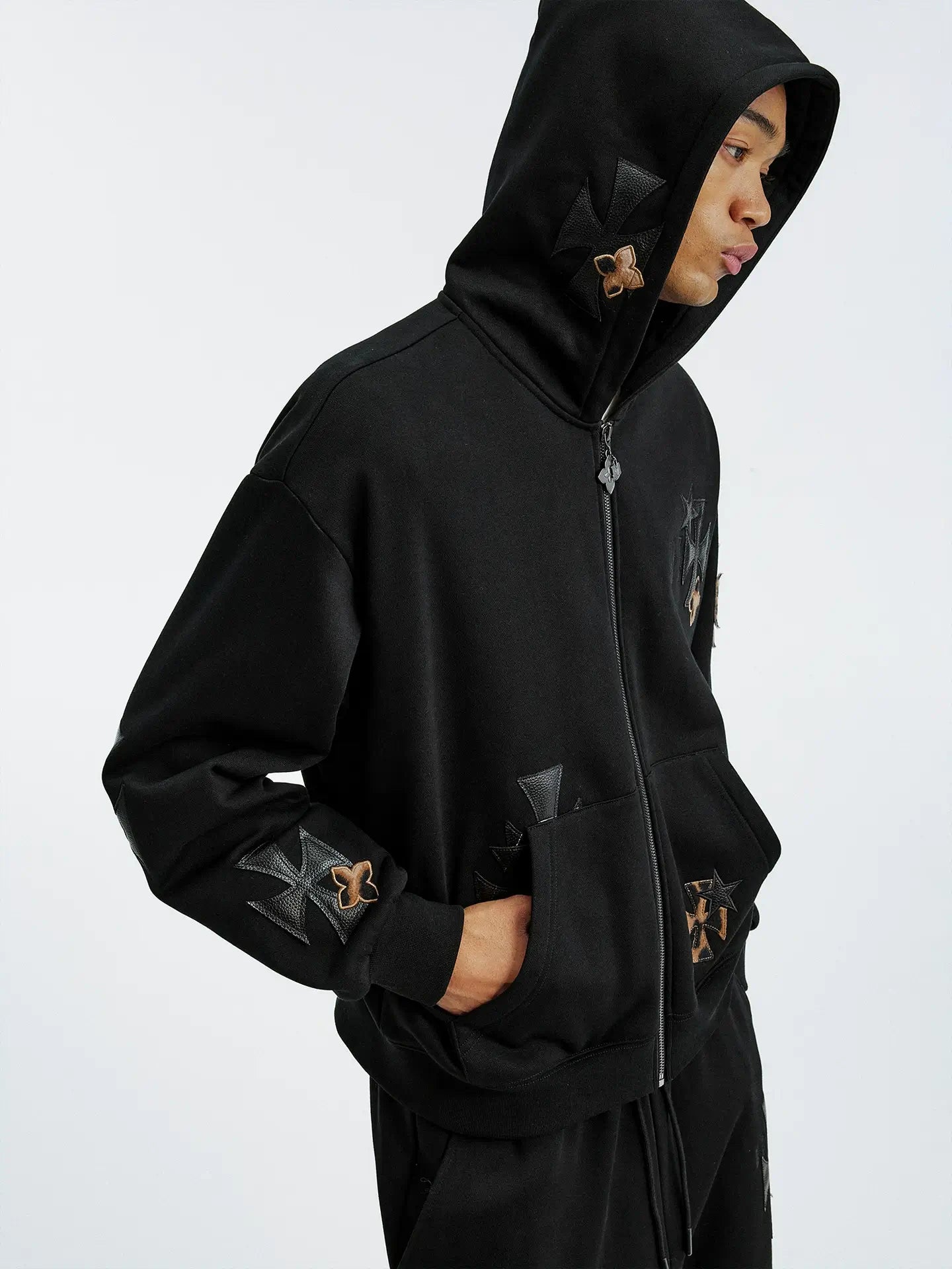 MEDM Cross Star Leather Patchwork Zip Up Hoodie