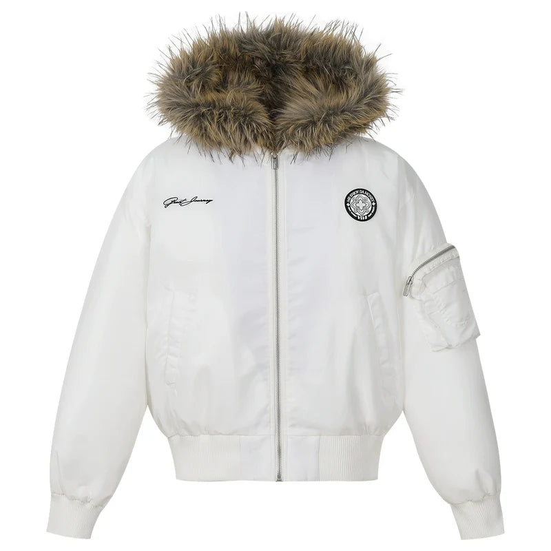 MEDM Silicone Logo Patch Fur Hooded Bomber Jacket