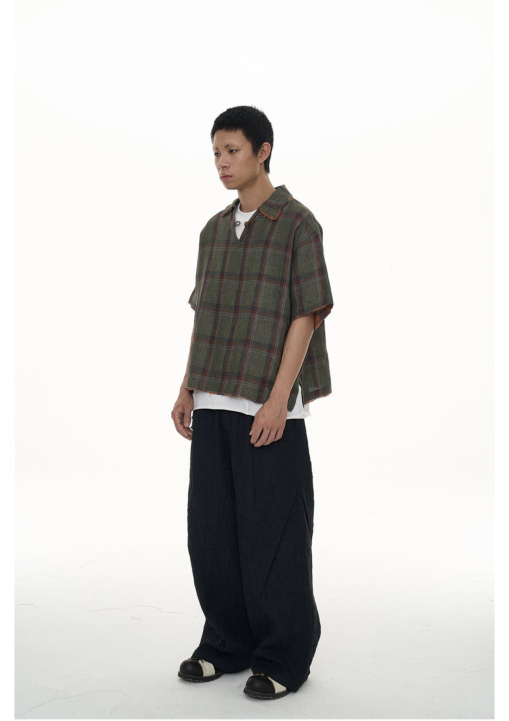 EVILKNIGHT(EK) Striped Plaid Tie-Dye Linen Polo Shirt