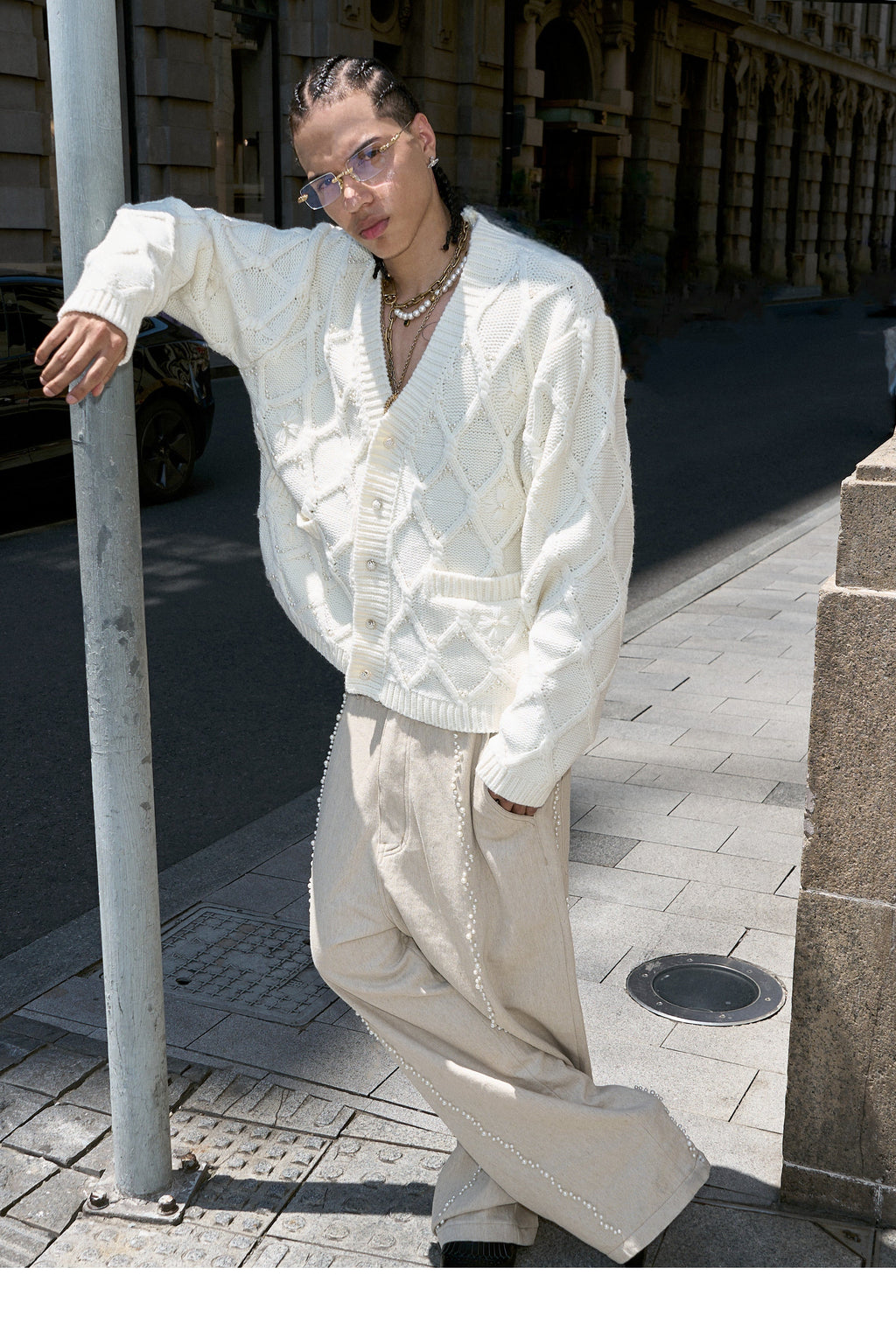 STEEPC Wool Blend Diamond Cable Knit Pearl Cardigan