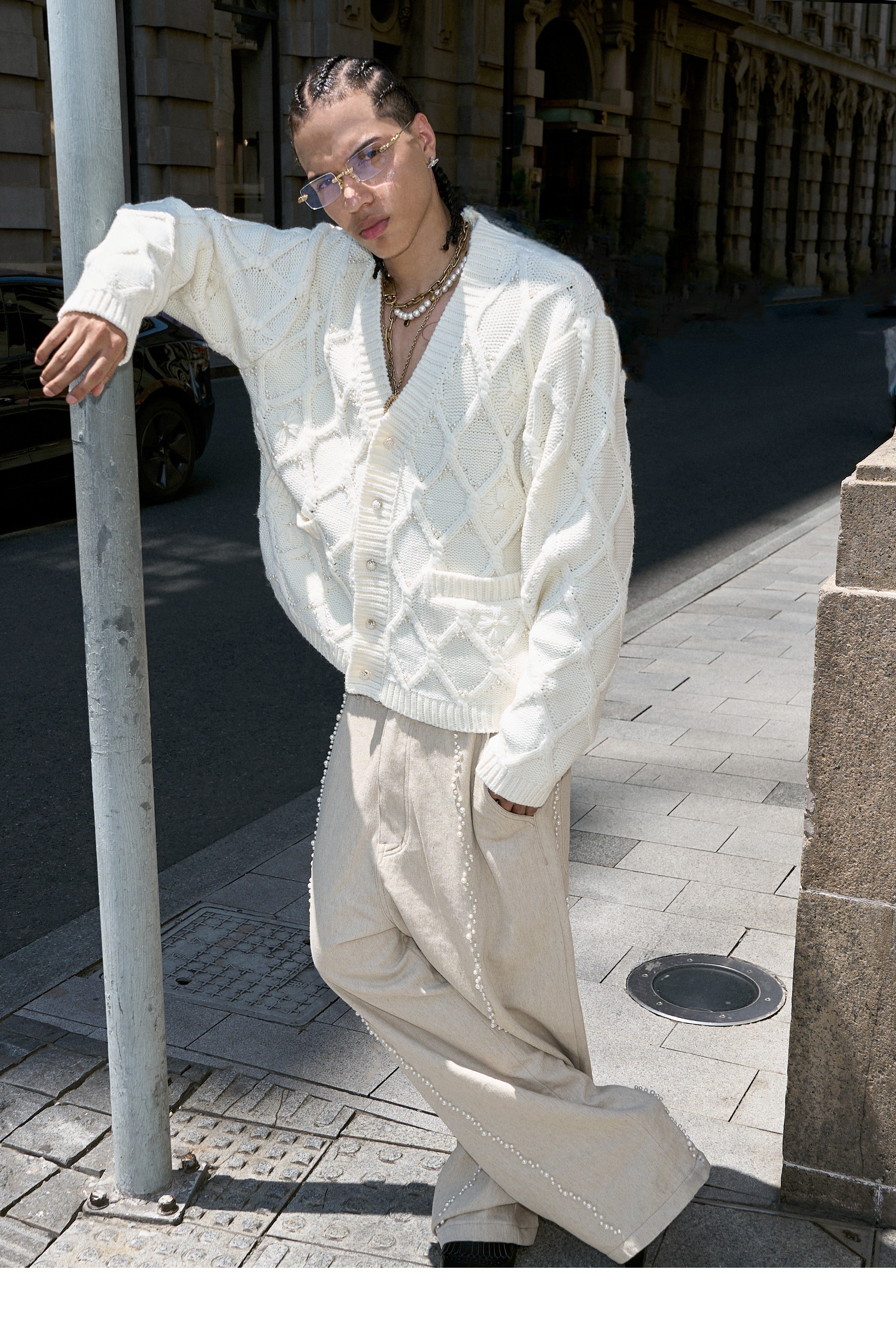 STEEPC Wool Blend Diamond Cable Knit Pearl Cardigan