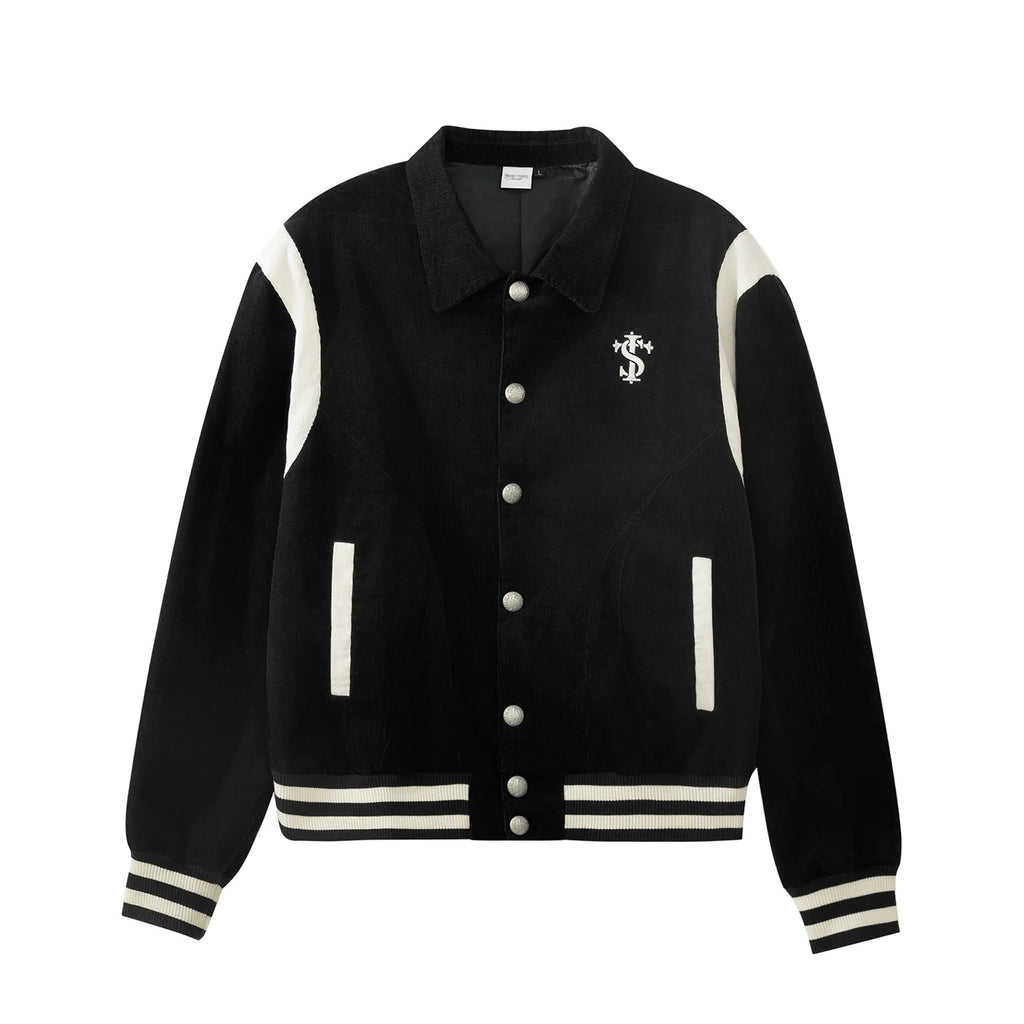 Small Town Kid Rivet Cross stitching Patch Corduroy Varsity Jacket
