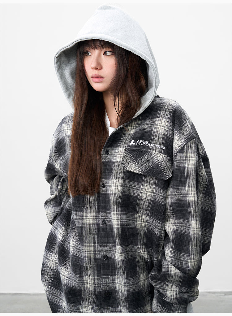 AFGK Plaid Embroidered Hooded Long Sleeve Shirt