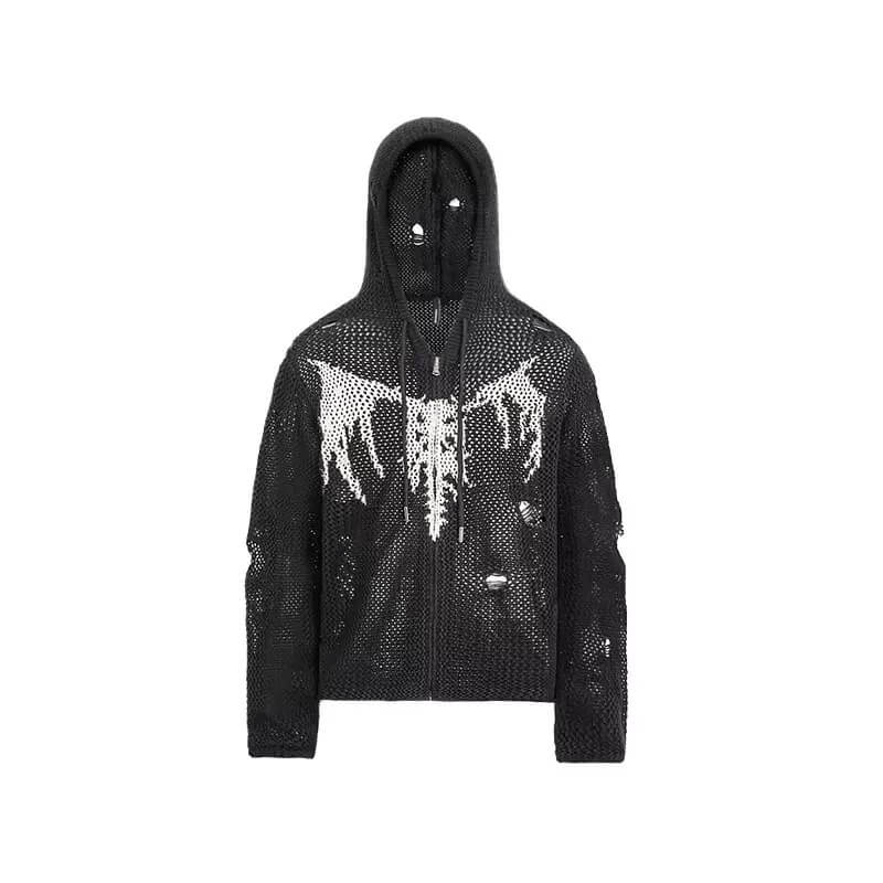 UNDERWATER Winged Devil Bone Jacquard Distressed Knit Zip Up Hoodie