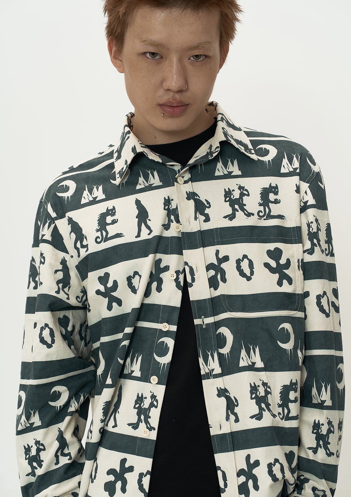 EVILKNIGHT(EK) Ethnic Print Striped Long Sleeve Shirt