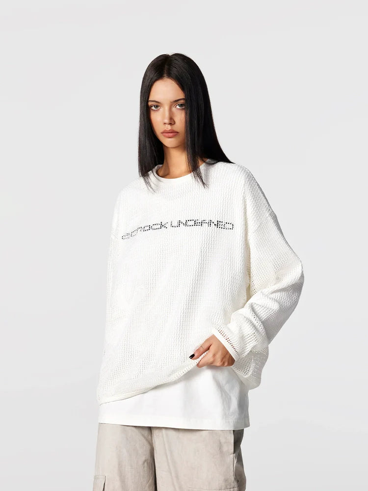 Achock Fake Two Pieces Printed Mesh Long Sleeve Tee