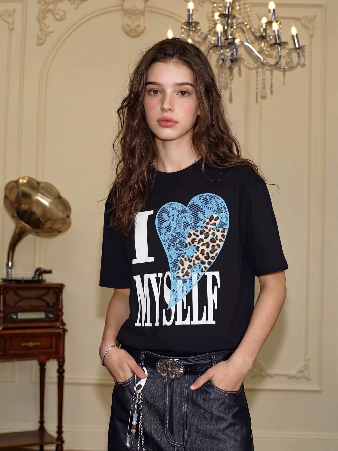 YADcrew Heart Puzzle Patchwork Lace Leopard Tee
