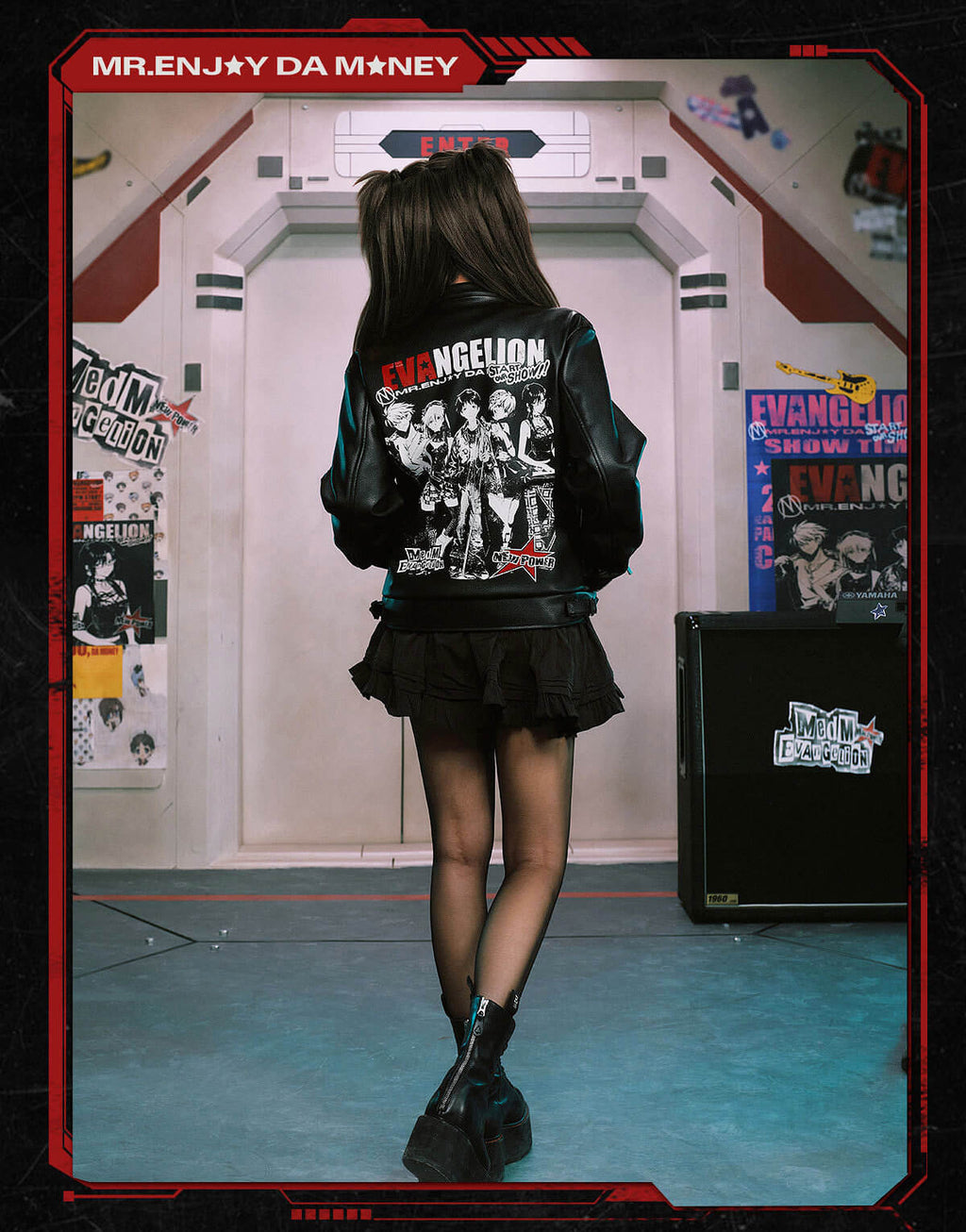 MEDM x EVA NEVER END Flame Character Portraits PU Leather Biker Jacket