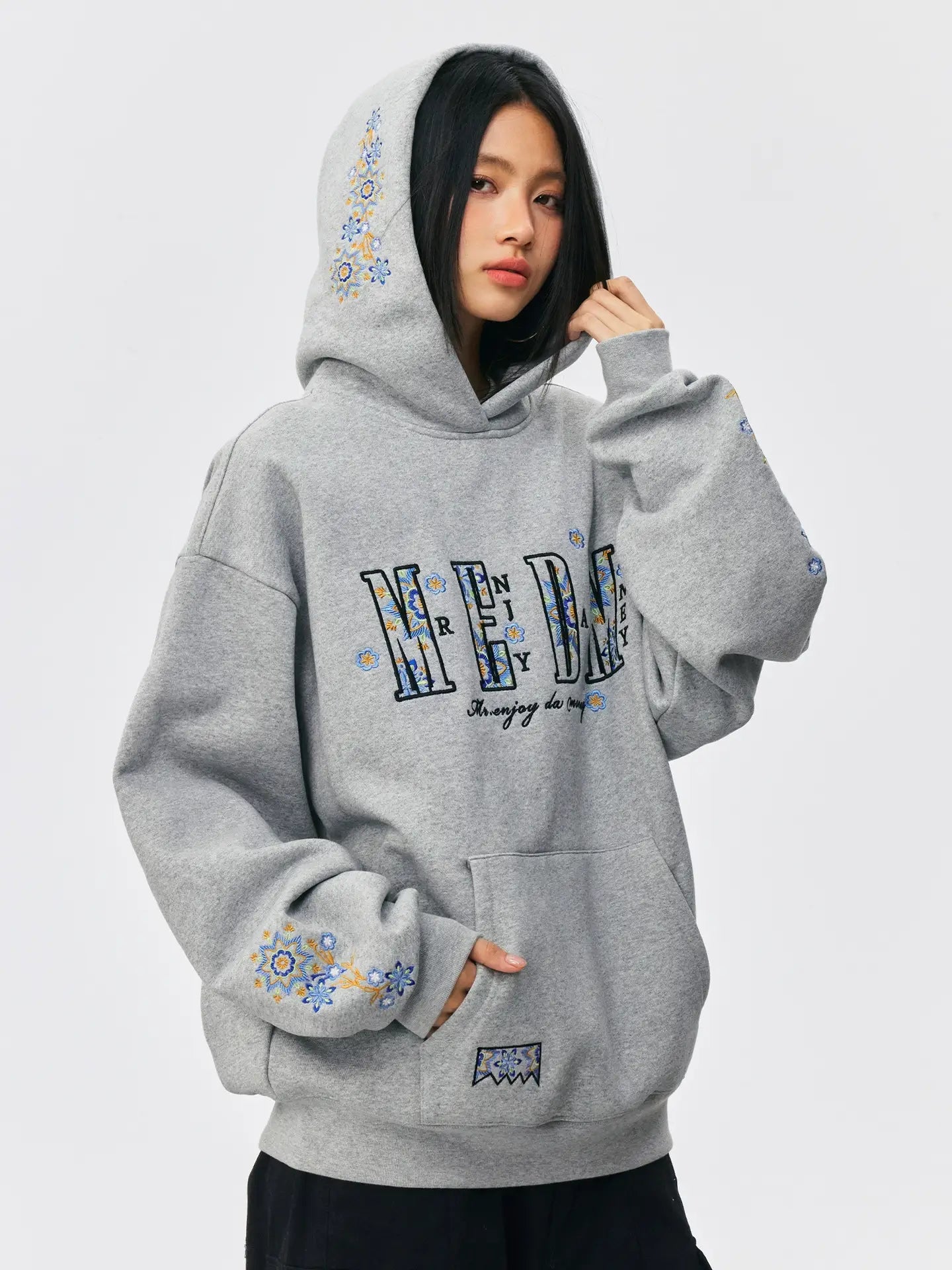 MEDM Ethnic Flower Embroidered Hoodie
