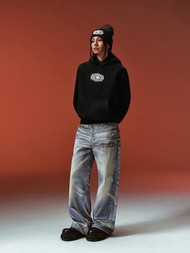 YADcrew Pearl and Embroidered Logo Puzzle Hoodie