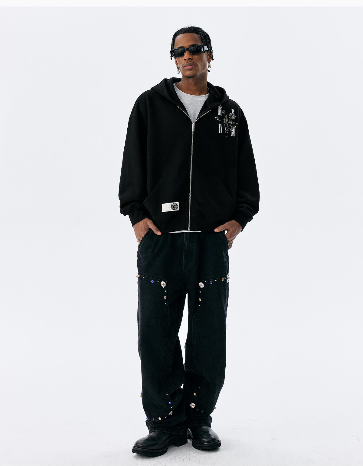 MEDM Beaded Flower Embellished Zip Up Hoodie