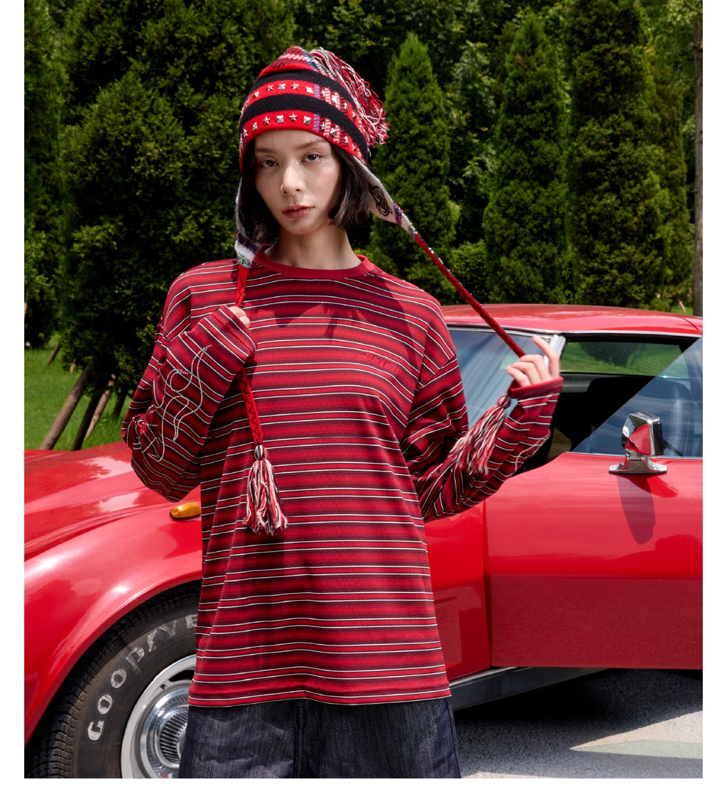 S45 Rhinestone Flame Stripe Long Sleeve Tee