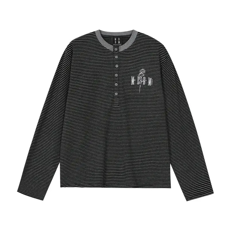 MEDM Rose Embroidered Striped Henley Long Sleeve Tee