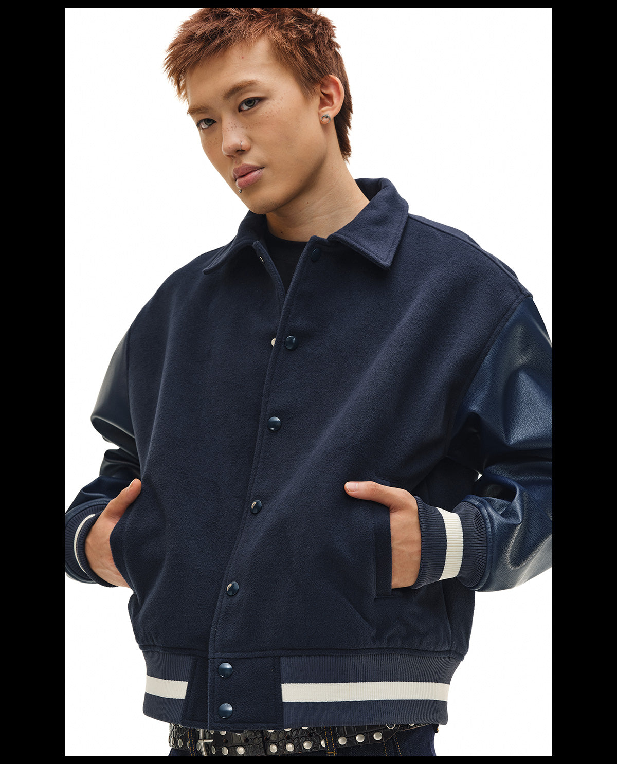 NOVACAM Navy Blue Short Basic Varsity Jacket