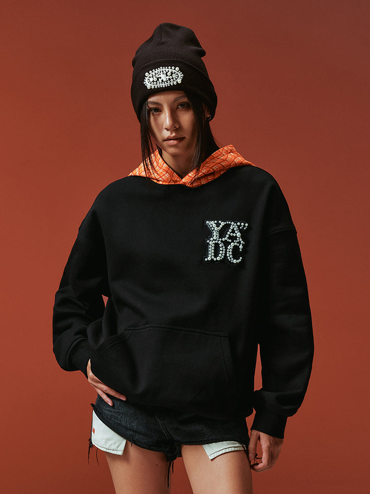 YADcrew Twisted Plaid Hood Pearl Leather Logo Hoodie