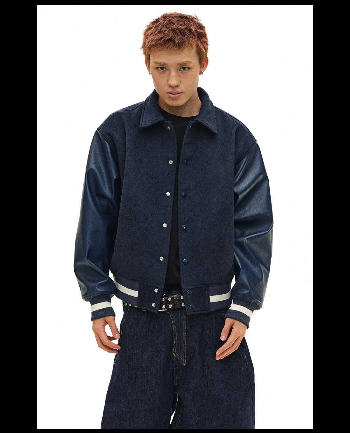 NOVACAM Navy Blue Short Basic Varsity Jacket