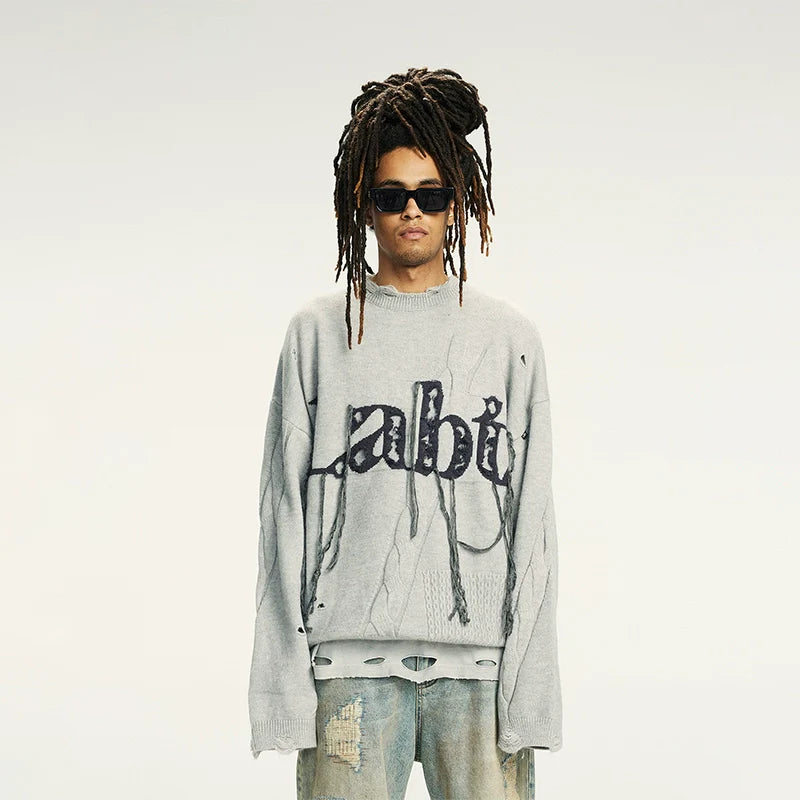 Labt Fringe Lanyard Logo Distressed Knit Sweater