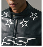 S45 Star Print PU Leather Leopard Lined Biker Jacket