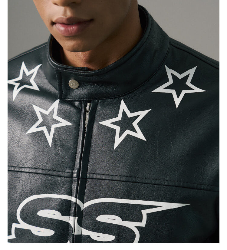 S45 Star Print PU Leather Leopard Lined Biker Jacket