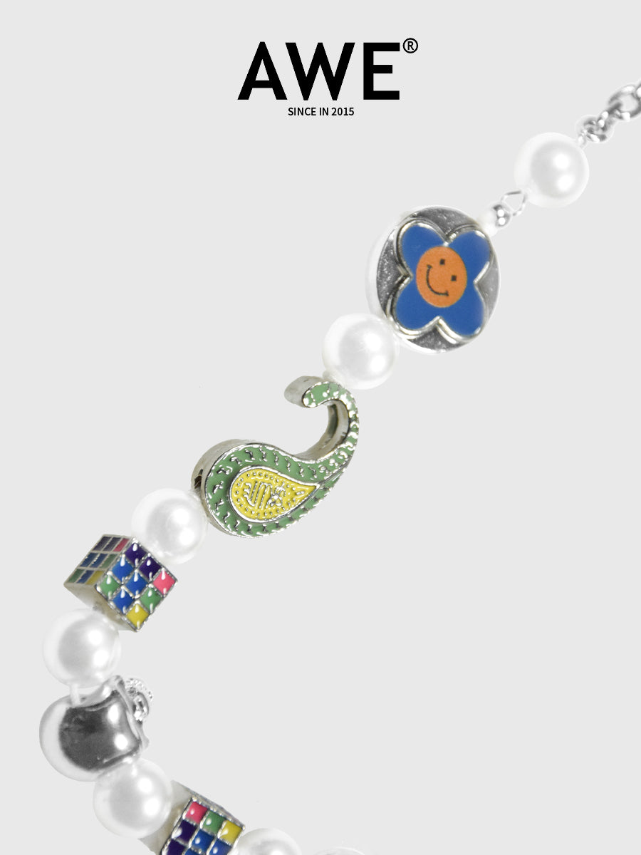AWE Cross Petal Skull Smiley Face Pearl Necklace