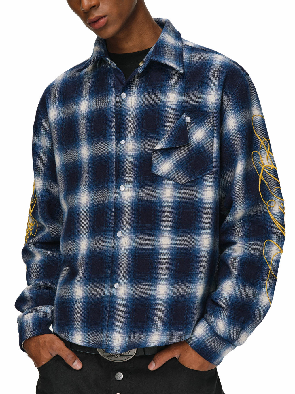 ANTIDOTE Embroidered Flannel Plaid Long Sleeve Shirt