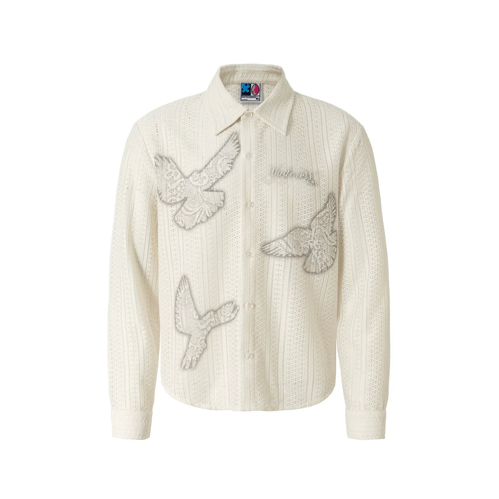 YADcrew Peace Dove Hollow Mesh Long Sleeve Shirt
