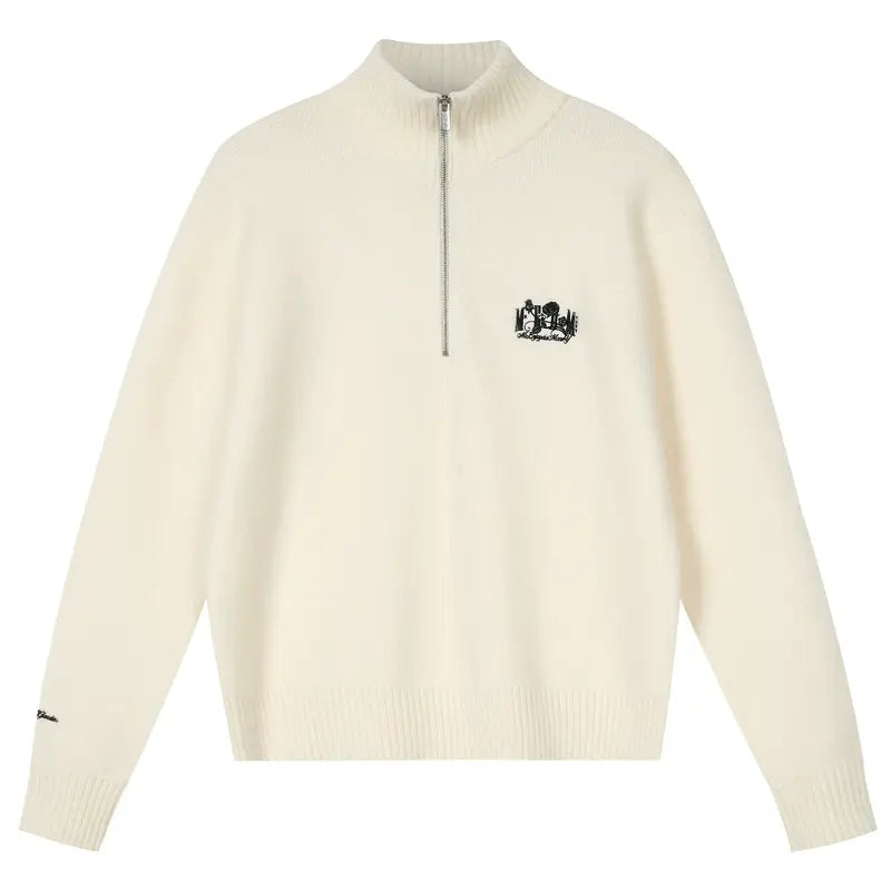 MEDM Rose Embroidered Half Zip Knit Sweater