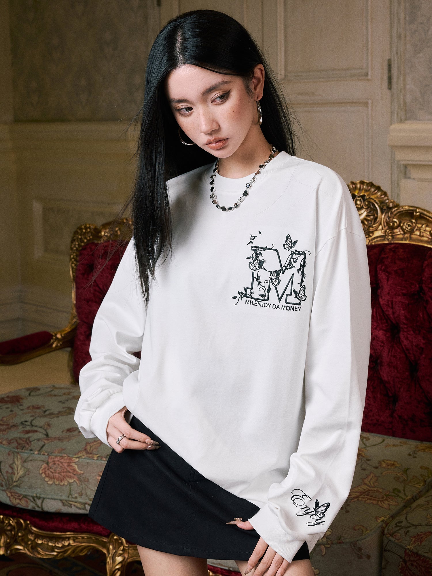 MEDM Big M Butterfly Vine Embroidered Long Sleeve Tee