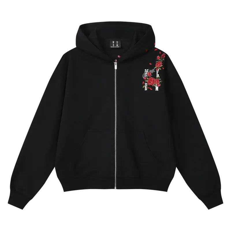 MEDM Rose Embroidered Zip Up Hoodie